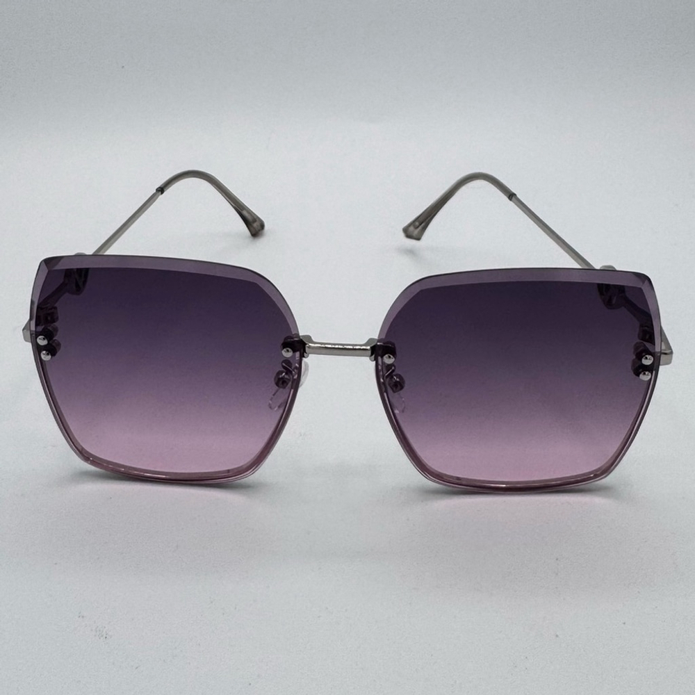 Silver Rimless Beveled Sunglasses – Oversized Purple Gradient Lens (New)